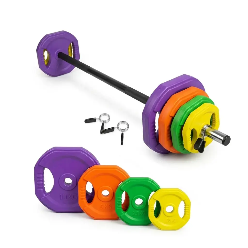 SET DE BARRA + DISCOS DE HIERRO 40KG - FORRADOS DE POLIURETANO CON AGARRES TEXTURIZADOS